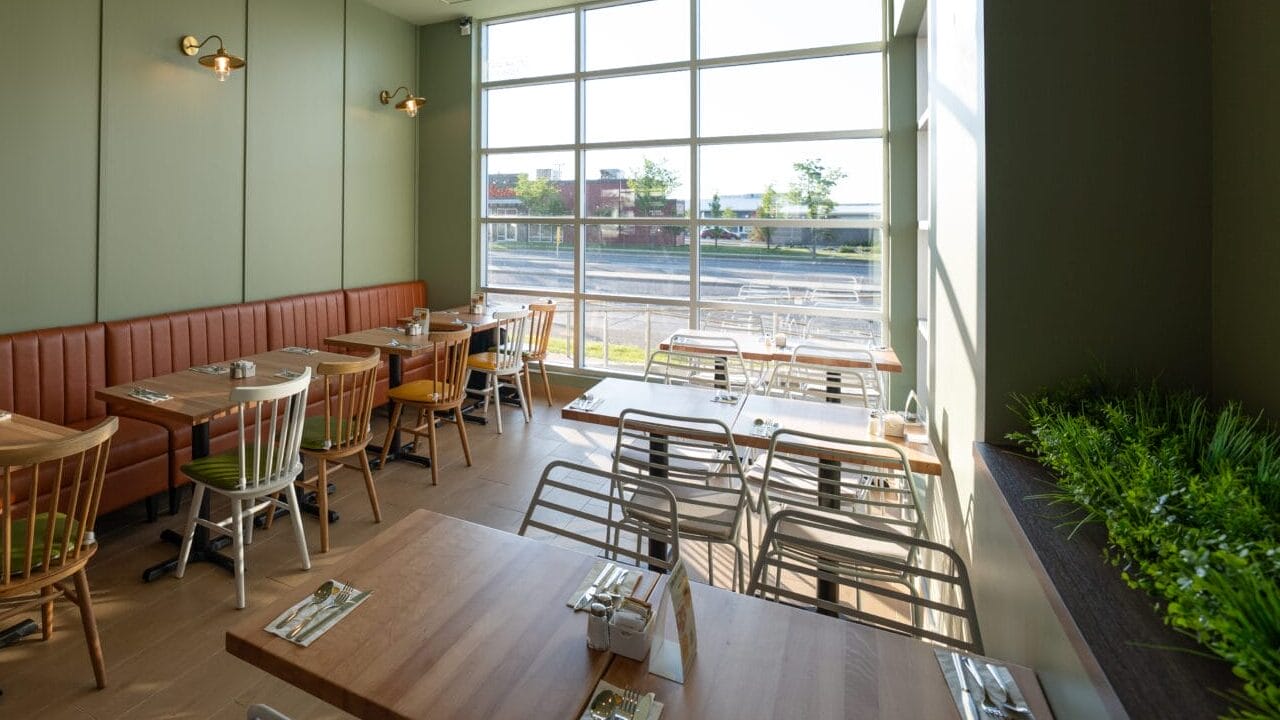 Bright and modern restaurant interior with green walls, large floor-to-ceiling windows, wooden tables, a mix of metal and wooden chairs, and a long upholstered bench along one side. Natural light fills the space, highlighting potted plants on a shelf by the window.